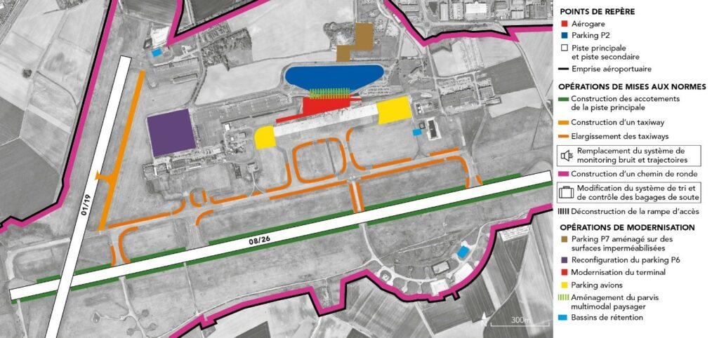 opérations prévues dans le projet d'extension de l'aéroport de Lille-Lequin